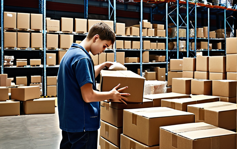 **
A busy warehouse scene, focusing on a young person packing boxes, looking curious and engaged. The background shows the integration of various logistics operations. Emphasis on the humble beginnings and the spark of passion for logistics.
**