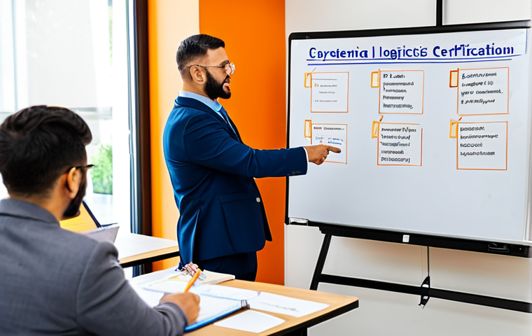 Professional Logistics Certification**

"A diverse group of professionals in a modern classroom setting, attending a certification course on supply chain management. The instructor is pointing to a whiteboard displaying key logistics concepts. Participants are taking notes, fully clothed in modest business attire, appropriate content, safe for work, professional environment, perfect anatomy, natural proportions, well-formed hands, proper finger count, family-friendly."

**
