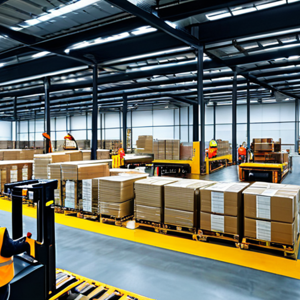 **

"A brightly lit, modern logistics warehouse interior, bustling with activity. Forklifts move pallets, workers in high-visibility vests are scanning packages.  Robots assist with sorting.  Overhead conveyor belts transport boxes.  The scene conveys efficiency and organization.  Safe for work. Professional logistics environment. Fully clothed workers in appropriate attire.  Perfect anatomy, correct proportions, natural pose. High-quality, realistic rendering."

**