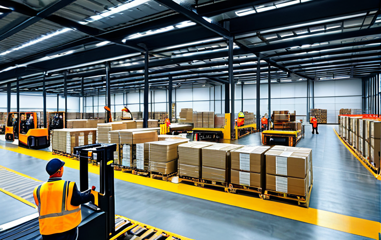 **

"A brightly lit, modern logistics warehouse interior, bustling with activity. Forklifts move pallets, workers in high-visibility vests are scanning packages.  Robots assist with sorting.  Overhead conveyor belts transport boxes.  The scene conveys efficiency and organization.  Safe for work. Professional logistics environment. Fully clothed workers in appropriate attire.  Perfect anatomy, correct proportions, natural pose. High-quality, realistic rendering."

**