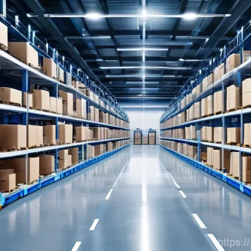 물류정보관리사 자격증과 스마트 물류 창고 구축 - **A highly efficient, futuristic smart warehouse interior.** The scene is brightly lit with clean, m...