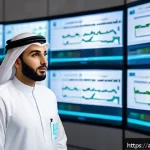 물류정보관리사 자격증 취득 후 직장 선택 기준 - A professional Middle Eastern logistics specialist in modern office attire, analyzing digital data o...