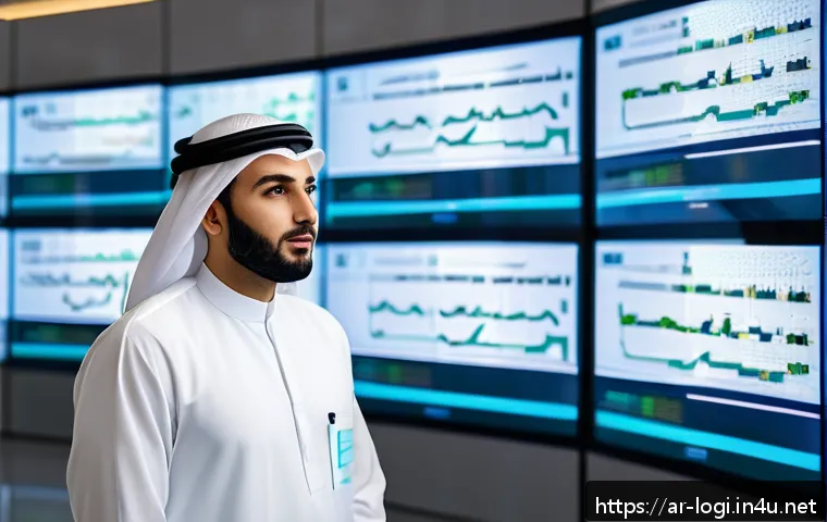 물류정보관리사 자격증 취득 후 직장 선택 기준 - A professional Middle Eastern logistics specialist in modern office attire, analyzing digital data o...
