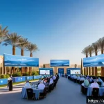 물류정보관리사와 관련된 협회 및 기관 - A vibrant regional logistics conference scene set in a modern Middle Eastern city with Arabic archit...