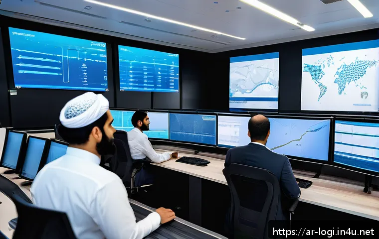 물류정보관리사 실무에서 중요한 데이터 관리 팁 - A modern logistics control room in a Middle Eastern setting, featuring diverse Arab professionals in...