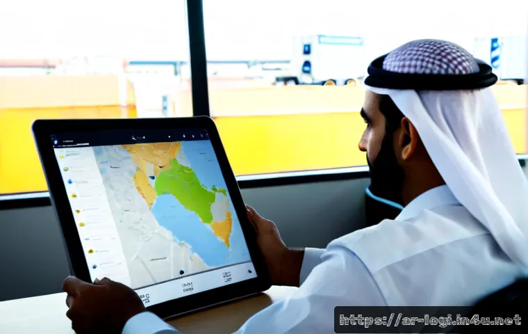물류정보관리사와 디지털 물류의 발전 방향 - Photorealistic modern logistics control room in a Gulf Arab city, an Arab logistics information mana...
